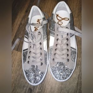 Sam Edelman Baylee White Silver Glitter  Lace Up Sneakers Shoes 8
